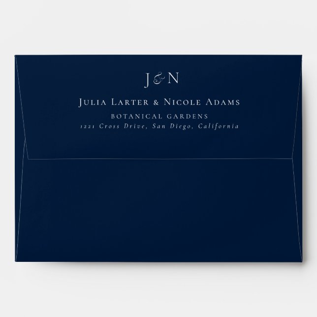 Classic Navy Blue Ivory Monogram Calligraphy Envelope (Back (Top Flap))