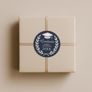 Classic Navy Blue Laurel Wreath Grad Cap Emblem Classic Round Sticker