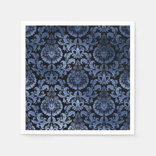 Classic Navy Blue Metal Foil Swirls Damask Napkin