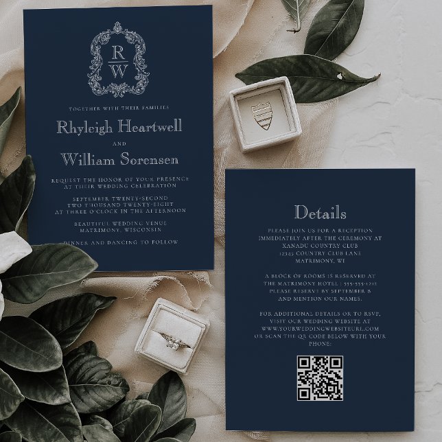 Classic Navy Blue Monogram Crest QR Code Wedding Invitation (Creator Uploaded)