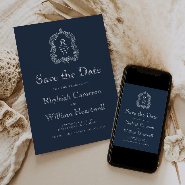 Classic Navy Blue Monogram Crest Script Save The Date (Creator Uploaded)