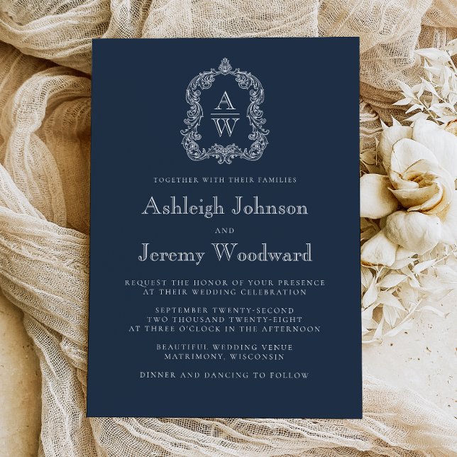 Classic Navy Blue Monogram Crest Wedding Invitation (Creator Uploaded)