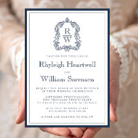 Classic Navy Blue Monogram Crest White Wedding