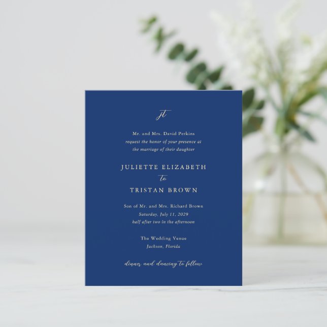 Classic Navy Blue Monogram Elegant Wedding Invite (Standing Front)