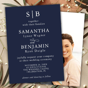 Classic Navy Blue Monogram Photo Wedding Invitation