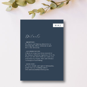 Classic Navy Blue Monogram Script Wedding Details Enclosure Card