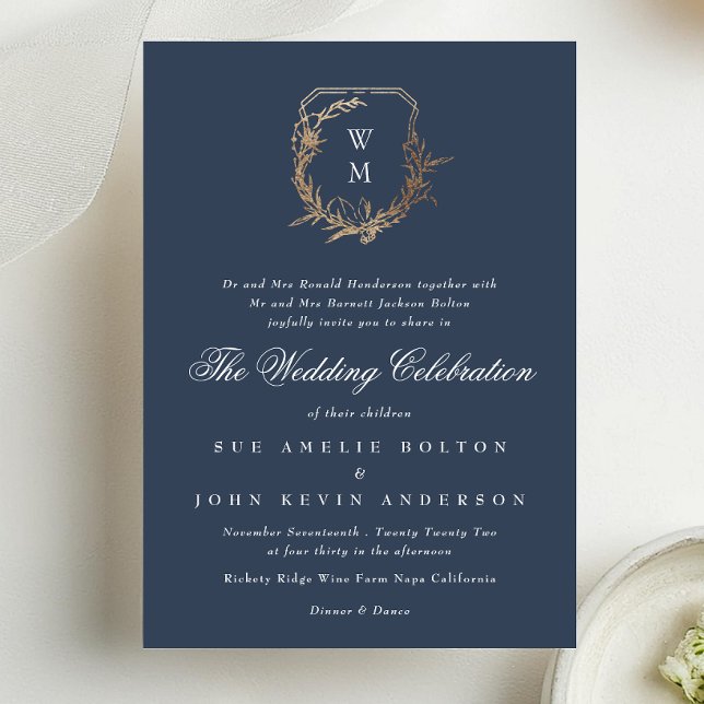 classic Navy Blue monogram wedding gold crest Invitation (Creator Uploaded)