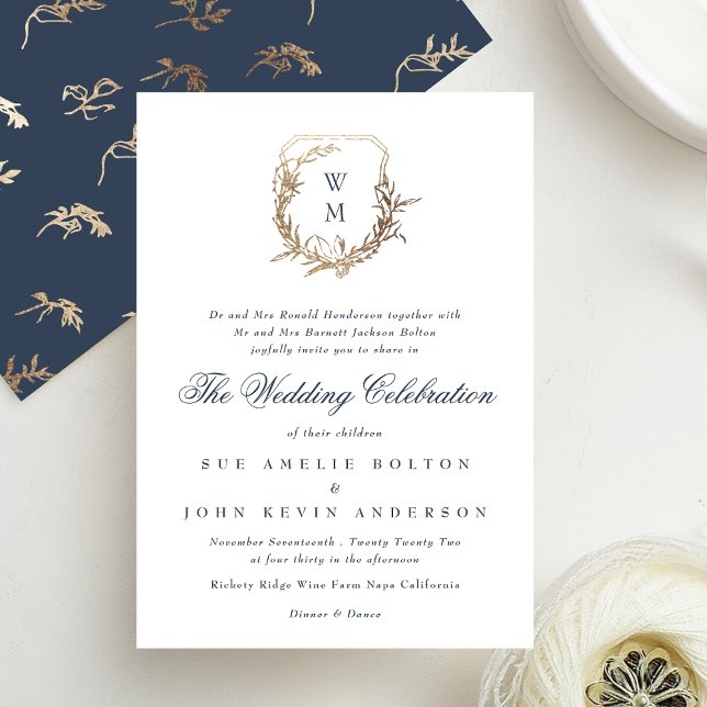 classic Navy Blue monogram wedding gold crest Invitation (Creator Uploaded)