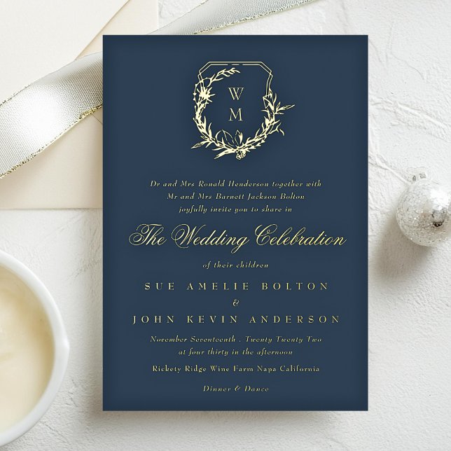 classic Navy Blue monogrammed wedding gold crest (Creator Uploaded)