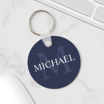 Classic Navy Blue Personalized Monogram and Name Key Ring<br><div class="desc">Personalized Monogram and Name Gift
features personalized name in white and monogram in light navy blue as background,  in classic serif font style,  
on navy blue background.

Perfect as holiday gift,  family reunion favors,  thank you gift for groomsmen and gift for any special occasions.</div>