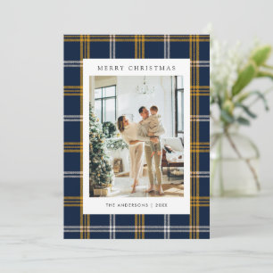 Classic Navy Blue Plaid 5 Photo Christmas Holiday Card