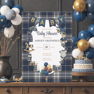 Classic Navy Blue Plaid Baby Shower Invitation