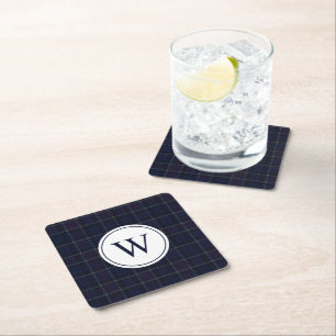 Classic Navy Blue Plaid Christmas Monogram Square Paper Coaster