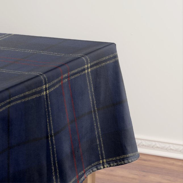 Classic Navy Blue Plaid Christmas Tablecloth (In Situ)