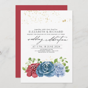Classic Navy Blue Red Floral Greenery Wedding Invitation