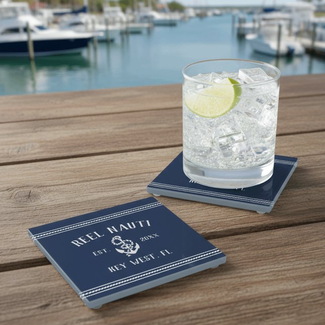 Classic Navy Blue | Rustic Anchor Boat Name Glass Coaster (Creator Uploaded)