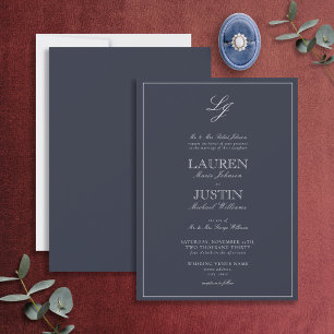 Classic Navy Blue Script Monogram Wedding Invitation