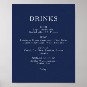 Classic Navy Blue Silver Wedding Drinks Menu Sign