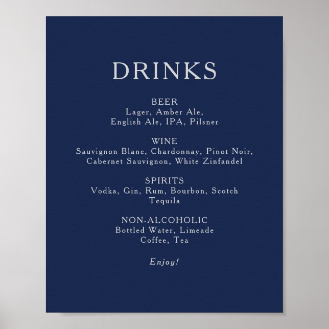 Classic Navy Blue Silver Wedding Drinks Menu Sign (Front)