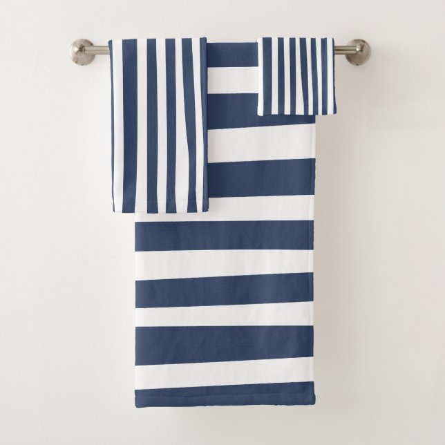 Classic Navy Blue Stripes | Timeless Nautical  Bath Towel Set (Insitu)