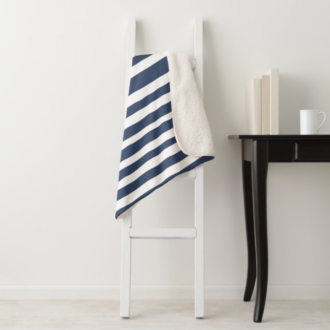Classic Navy Blue Stripes | Timeless Nautical  Sherpa Blanket (In Situ)