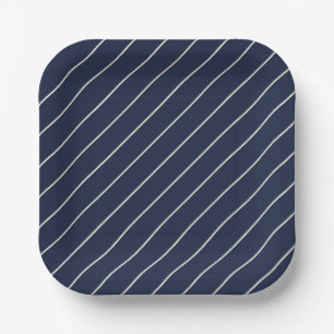Classic Navy Blue Svelte Ivory Pinstripes Paper Plate
