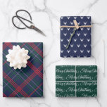Classic Navy Blue Tartan Plaid Merry Christmas Wrapping Paper Sheet<br><div class="desc">Festive holiday gift wrap set features three coordinating holiday wrapping paper sheets: classic Scottish tartan plaid patter in navy blue,  forest green,  red,  and white,  forest green with elegant white script "Merry Christmas" text,  and navy blue with white deer head with antlers silhouette pattern.</div>