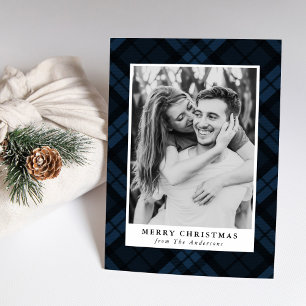 Classic Navy Blue Tartan Plaid Photo Holiday Card