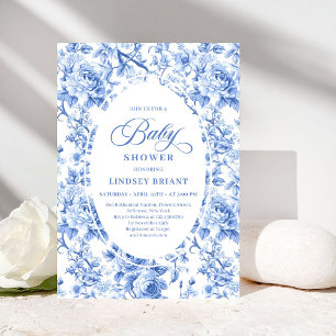 Classic Navy Blue Toile Rose Baby Shower Invites