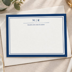 Classic Navy Blue Two Border Monogram Personalised Card