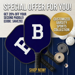 Classic Navy Blue Varsity Initial Monogram Pickleball Paddle
