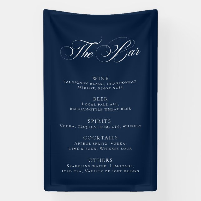 Classic Navy Blue Wedding Bar Menu Reception Décor Banner (Vertical)