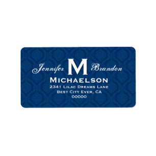 Classic Navy Blue Wedding Damask Monogram Label