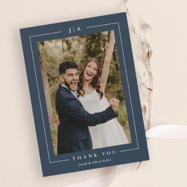 Classic Navy Blue Wedding Photo Thank You Card (Elegant Navy Blue Wedding Photo Thank You Card with Classic Typography and Couples Monogram.)