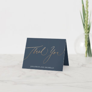 Classic Navy Blue White Calligraphy Photo wedding Thank You Card