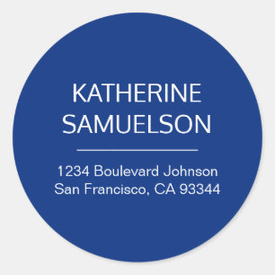Classic Navy Blue White Name & Return Address Round Sticker