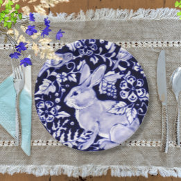 Classic Navy Blue, White Rabbit Birds Dedham Delft Paper Plate