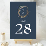 classic navy blue white wedding gold crest table number<br><div class="desc">*Not Real Foil
This design is part of a unique suite and collection.
*The colour of the text and paper is customisable</div>