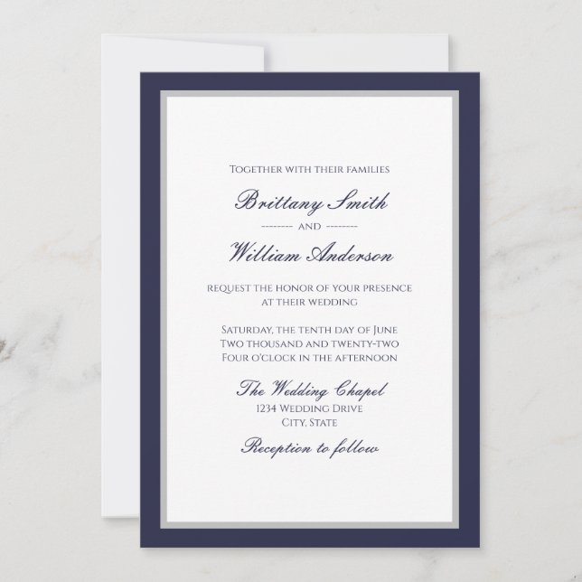 Classic Navy Blue with Border Wedding Invitation (Front)