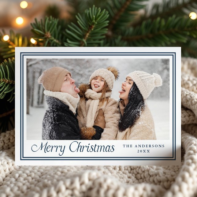 Classic Navy Border Merry Christmas Photo Holiday Card (Creator Uploaded)