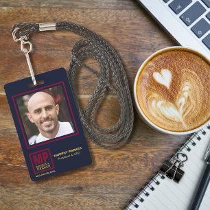Classic Navy Burgundy Gold Monogram Logo Photo ID Badge