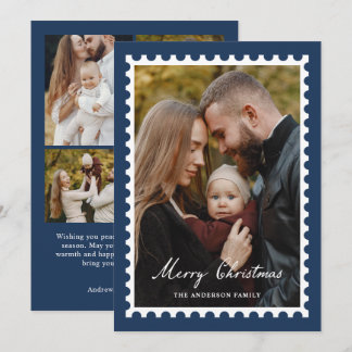Classic Navy Christmas Postage Stamp 5 Photo Holiday Card