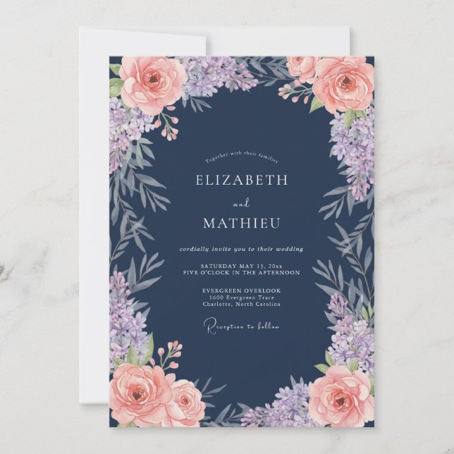 Classic Navy Coral Blossom Wedding Invitation (Front)