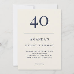 Classic Navy & Cream 40th Birthday Celebration Inv Invitation