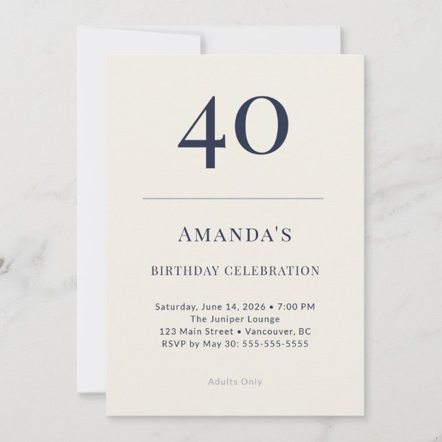 Classic Navy & Cream 40th Birthday Celebration Inv Invitation (Front)