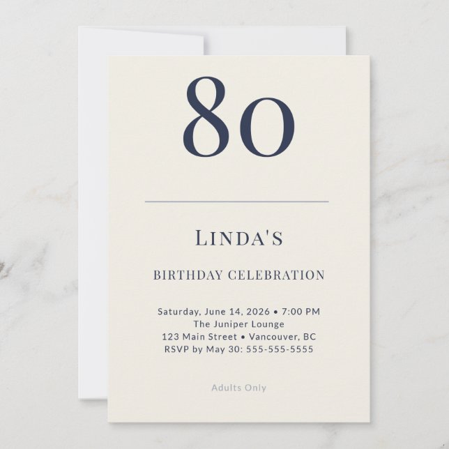 Classic Navy & Cream 80th Birthday Celebration Invitation (Front)