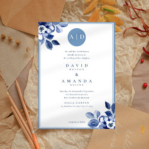 Classic Navy Floral Elegant Wedding Invitation