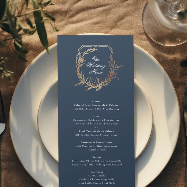 classic navy gold botanical motif crest Wedding  Menu (Creator Uploaded)