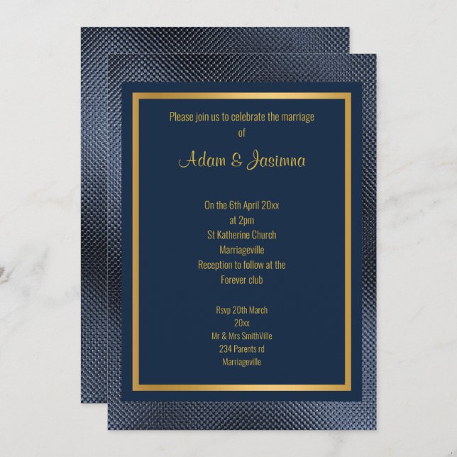 CLASSIC NAVY GOLD LAYERED EMBOSSED WEDDING INVITATION (Front/Back)