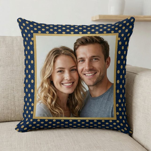 Classic Navy & Gold Polka Dot Frame Photo Cushion (Creator Uploaded)